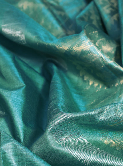 Banana silk saree teal blue with silver & gold zari woven buttas and zari woven border