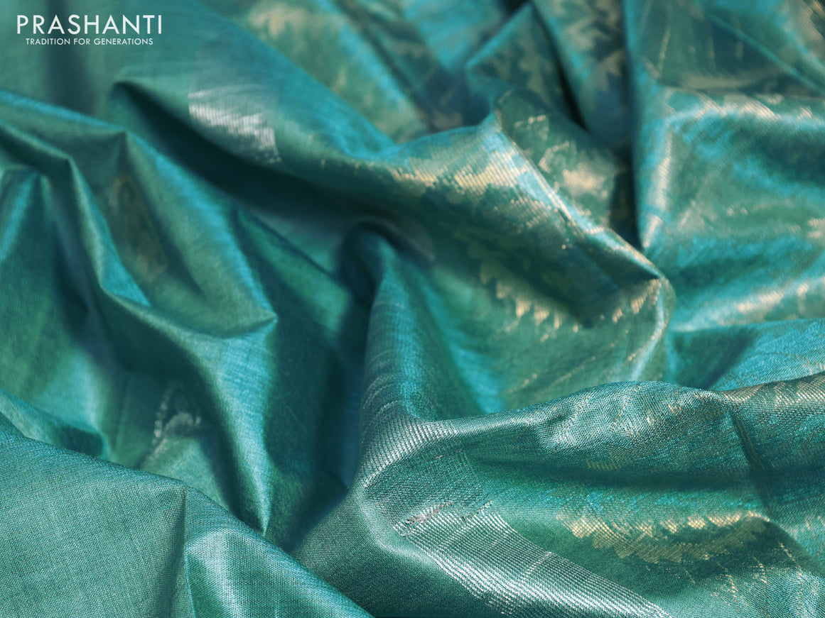 Banana silk saree teal blue with silver & gold zari woven buttas and zari woven border