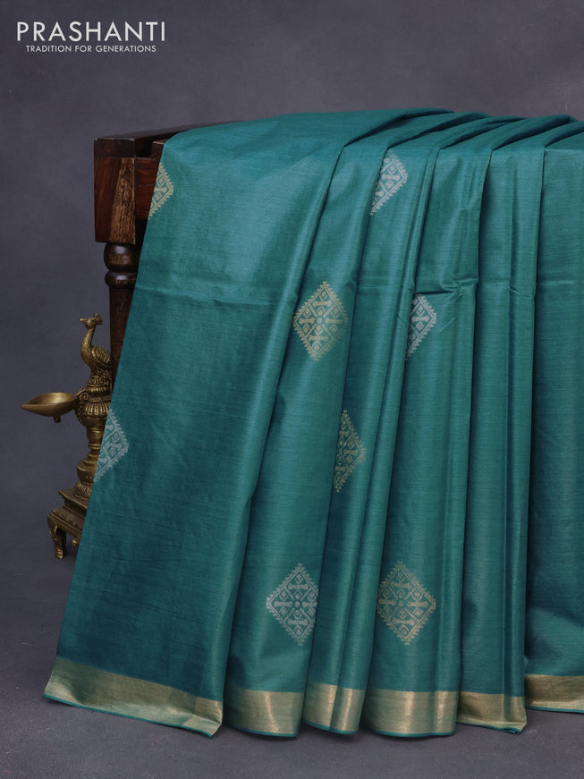 Banana silk saree teal blue with silver & gold zari woven buttas and zari woven border