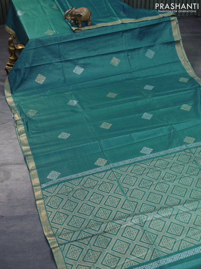 Banana silk saree teal blue with silver & gold zari woven buttas and zari woven border