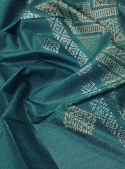 Banana silk saree teal blue with silver & gold zari woven buttas and zari woven border