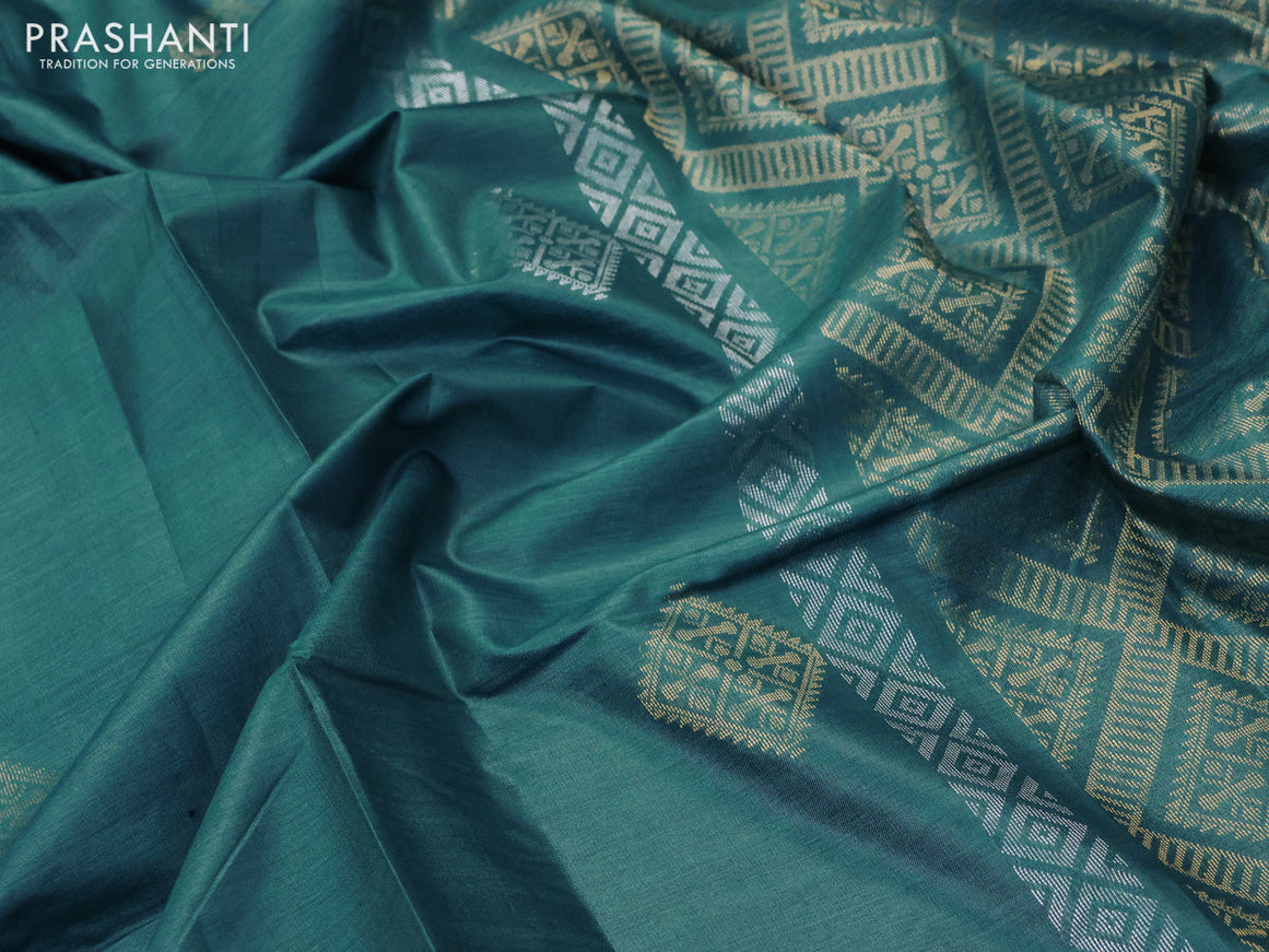 Banana silk saree teal blue with silver & gold zari woven buttas and zari woven border