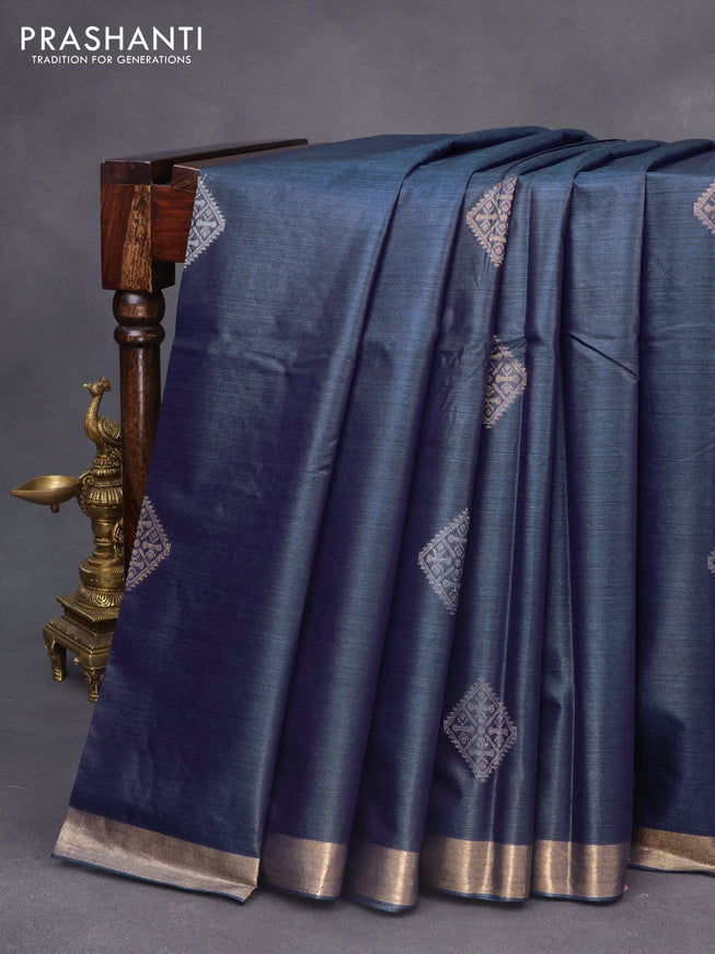 Banana silk saree blue with silver & gold zari woven buttas and zari woven border