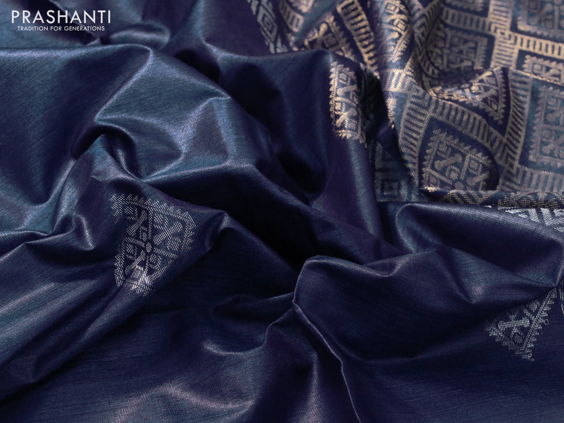 Banana silk saree blue with silver & gold zari woven buttas and zari woven border