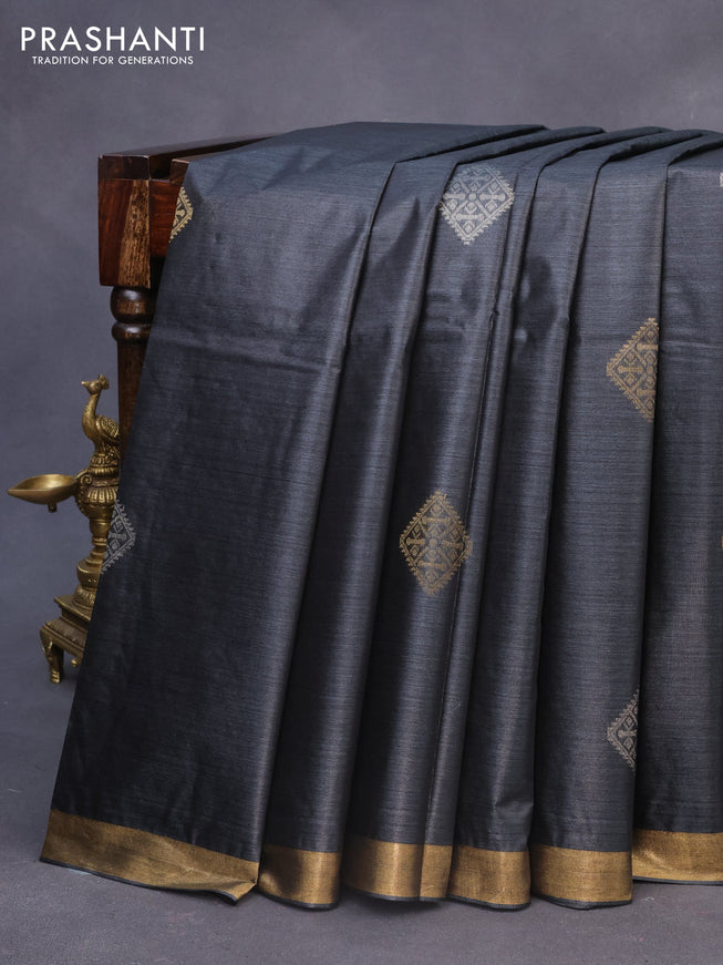 Banana silk saree black with silver & gold zari woven buttas and zari woven border