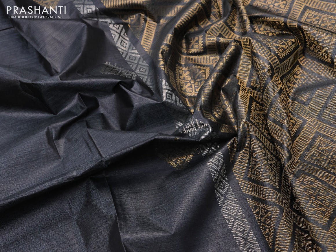 Banana silk saree black with silver & gold zari woven buttas and zari woven border