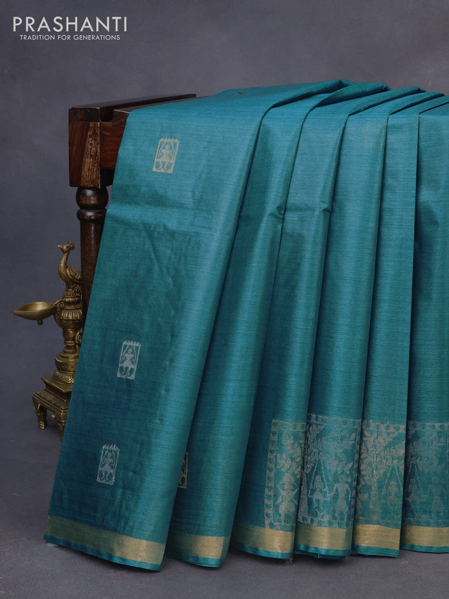 Banana silk saree cs blue with silver & gold zari woven buttas and zari woven border