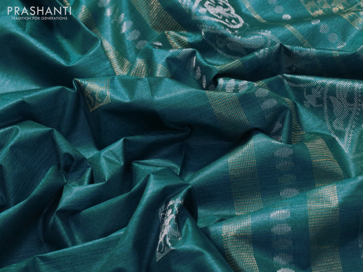 Banana silk saree cs blue with silver & gold zari woven buttas and zari woven border