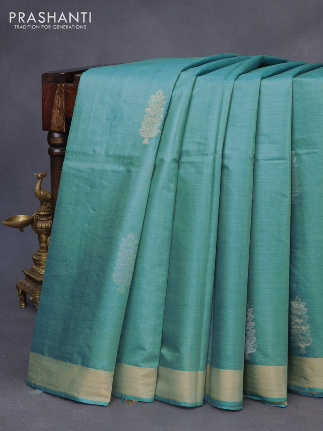 Banana silk saree teal blue with silver & gold zari woven buttas and zari woven border