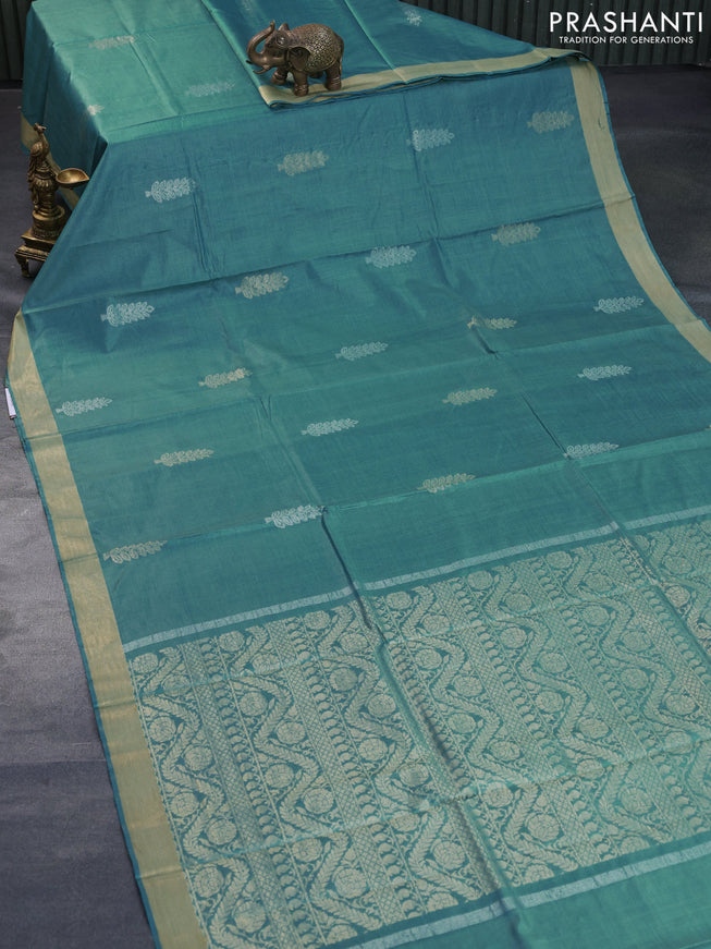 Banana silk saree teal blue with silver & gold zari woven buttas and zari woven border