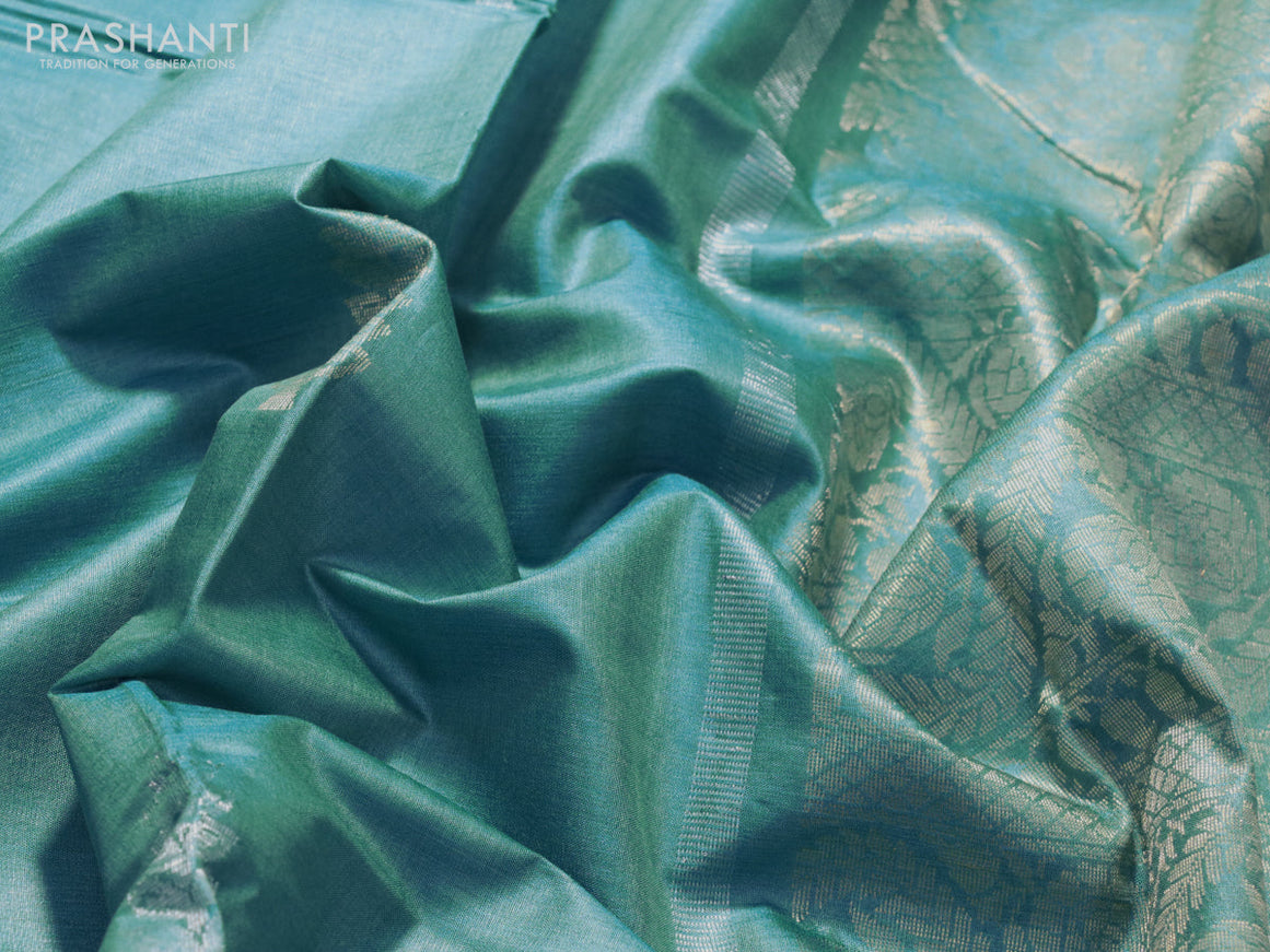 Banana silk saree teal blue with silver & gold zari woven buttas and zari woven border