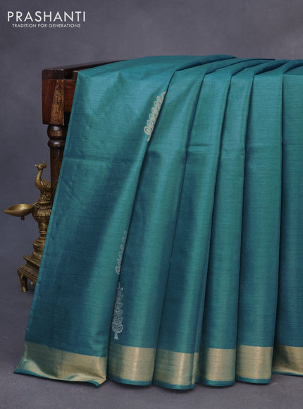 Banana silk saree teal blue shade with silver & gold zari woven buttas and zari woven border