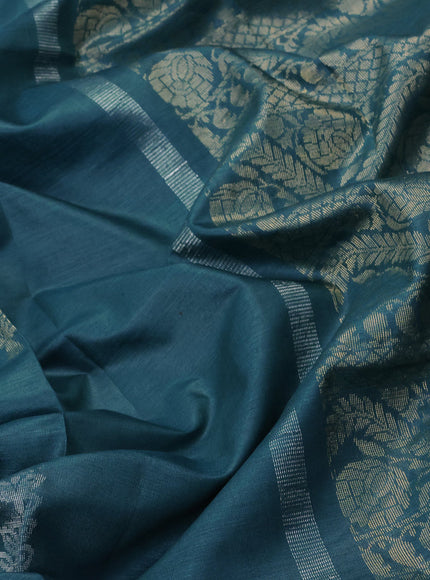 Banana silk saree teal blue shade with silver & gold zari woven buttas and zari woven border