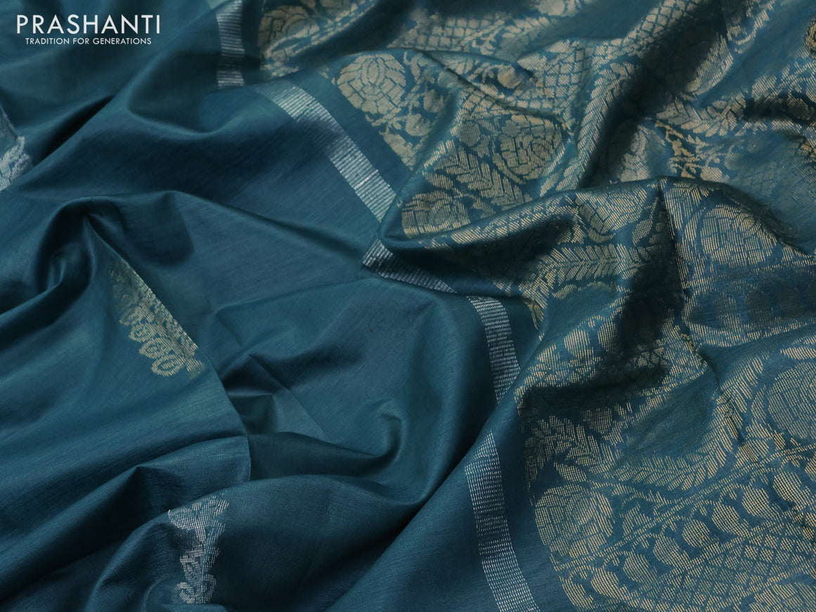 Banana silk saree teal blue shade with silver & gold zari woven buttas and zari woven border