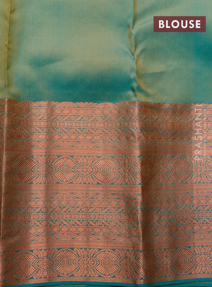 Pure kanchipuram silk saree mustard yellow and dual shade of teal blue with allover copper zari woven butta weaves and long copper zari woven border