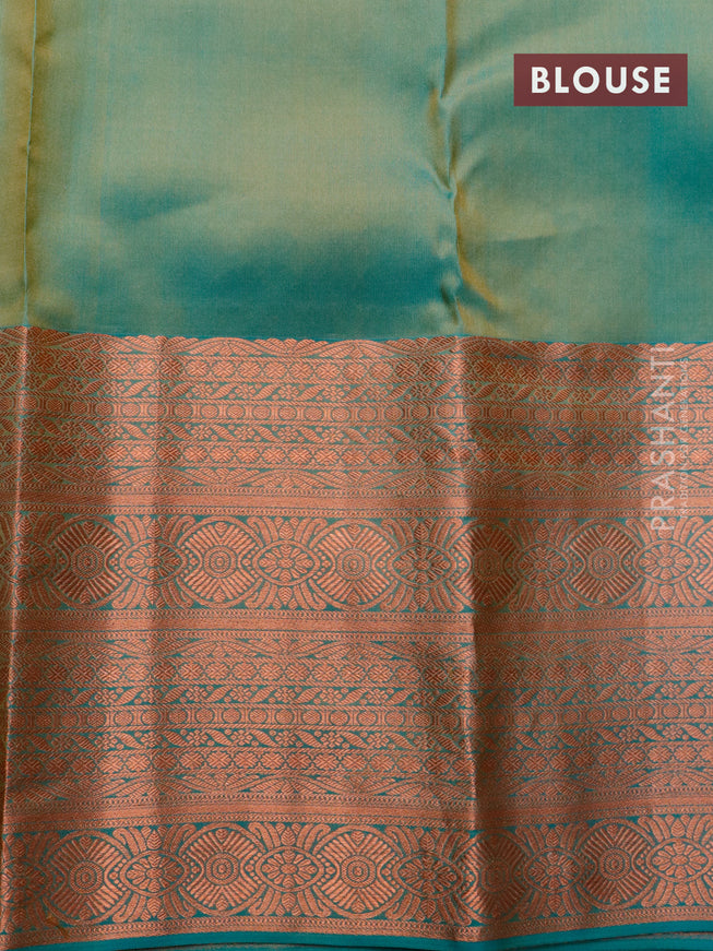 Pure kanchipuram silk saree mustard yellow and dual shade of teal blue with allover copper zari woven butta weaves and long copper zari woven border