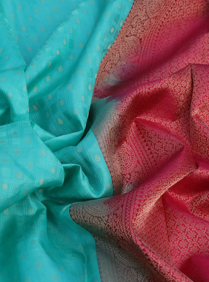 Pure kanchipuram silk saree teal blue and pink with allover self emboss & buttas and zari woven border