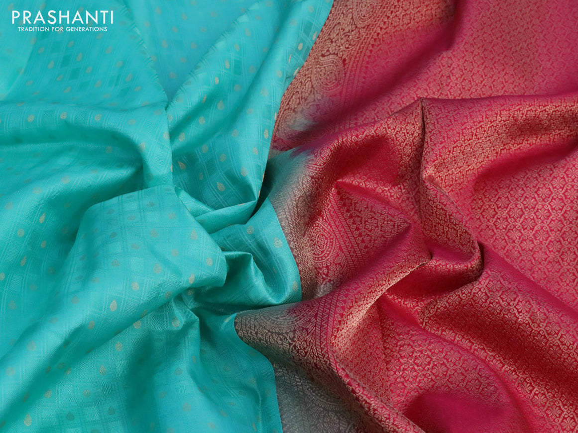 Pure kanchipuram silk saree teal blue and pink with allover self emboss & buttas and zari woven border