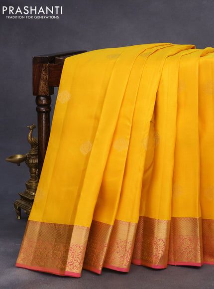 Pure kanchipuram silk saree mango yellow and pink with zari woven buttas and long zari woven border