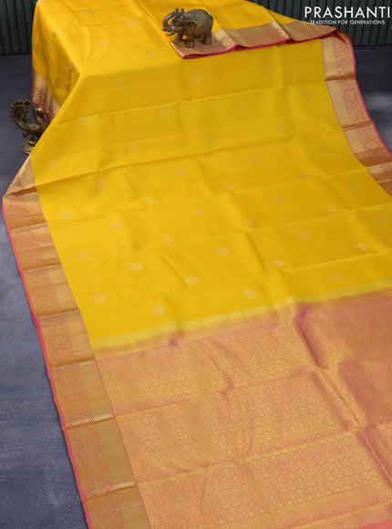 Pure kanchipuram silk saree mango yellow and pink with zari woven buttas and long zari woven border