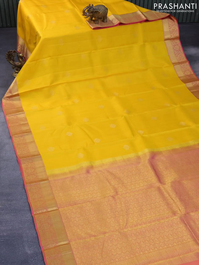 Pure kanchipuram silk saree mango yellow and pink with zari woven buttas and long zari woven border