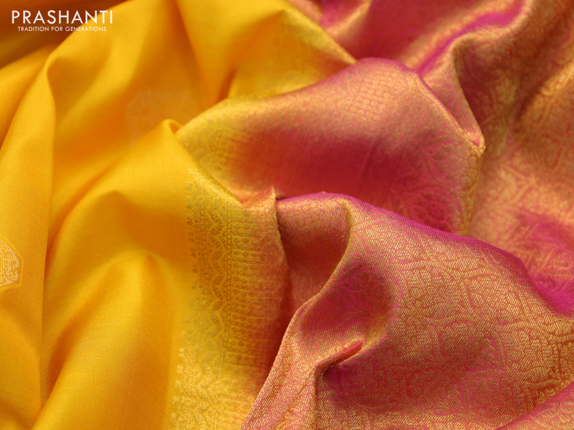 Pure kanchipuram silk saree mango yellow and pink with zari woven buttas and long zari woven border