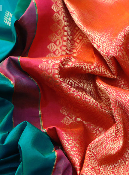 Pure kanchipuram silk saree teal shade and dual shade of orange with zari woven buttas and zari woven korvai border