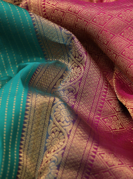 Pure kanchipuram silk saree teal green and pink with allover zari weaves and zari woven border