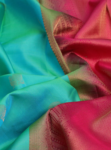 Pure kanchipuram silk saree dual shade of teal green and pink with zari woven buttas and zari woven border