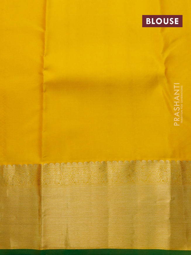 Pure kanchipuram silk saree mango yellow and green with allover zari checks & buttas and long zari woven border