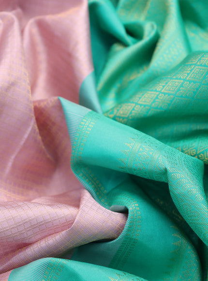 Pure kanchipuram silk saree pastel pink and teal green with allover zari checked pattern and long zari woven korvai border