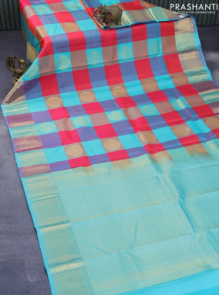 Pure kanchipuram silk saree multi colour and teal blue with allover paalum pazhamum checks & buttas and zari woven border