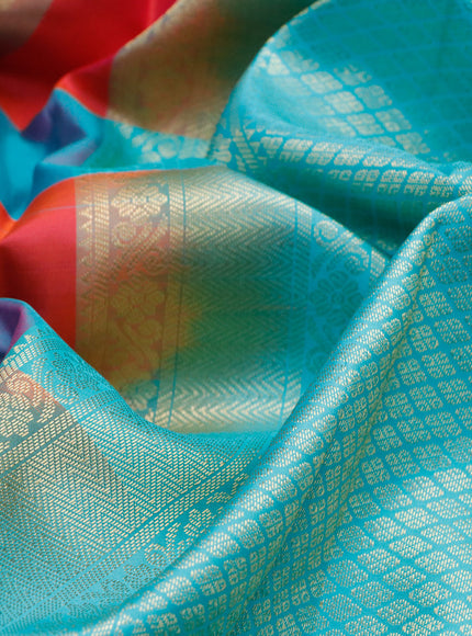 Pure kanchipuram silk saree multi colour and teal blue with allover paalum pazhamum checks & buttas and zari woven border