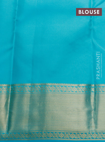 Pure kanchipuram silk saree multi colour and teal blue with allover paalum pazhamum checks & buttas and zari woven border