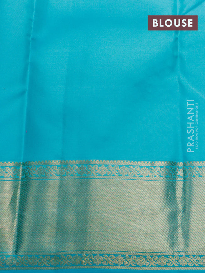 Pure kanchipuram silk saree multi colour and teal blue with allover paalum pazhamum checks & buttas and zari woven border