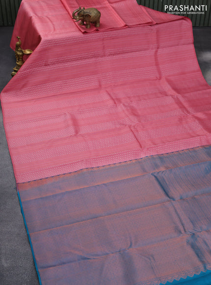 Pure kanchipuram silk saree pink shade and cs blue with allover silver zari butta weaves in borderless style