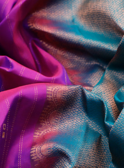 Pure kanchipuram silk saree purple and teal green with allover copper zari weaves & buttas and thread woven piping border