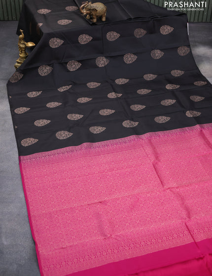 Pure kanchipuram silk saree black and pink with zari woven buttas in borderless style