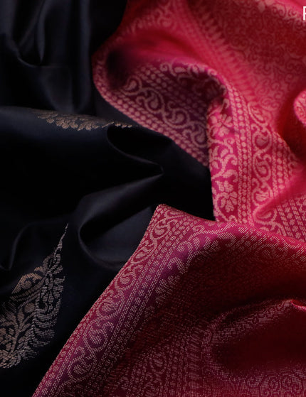 Pure kanchipuram silk saree black and pink with zari woven buttas in borderless style