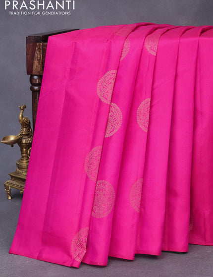 Pure kanchipuram silk saree pink and dark green with zari woven buttas in borderless style