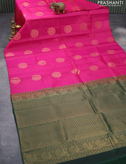 Pure kanchipuram silk saree pink and dark green with zari woven buttas in borderless style