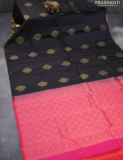 Pure kanchipuram silk saree black and dual shade of pinkish orange with zari woven buttas in borderless style