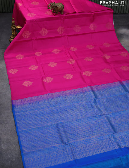 Pure kanchipuram silk saree pink and cs blue with zari woven buttas in borderless style