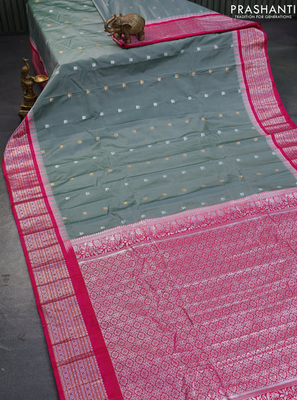 Semi gadwal saree greyish green and pink with silver & gold zari woven buttas and temple design silver zari woven border