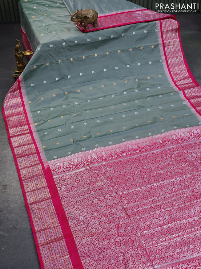 Semi gadwal saree greyish green and pink with silver & gold zari woven buttas and temple design silver zari woven border