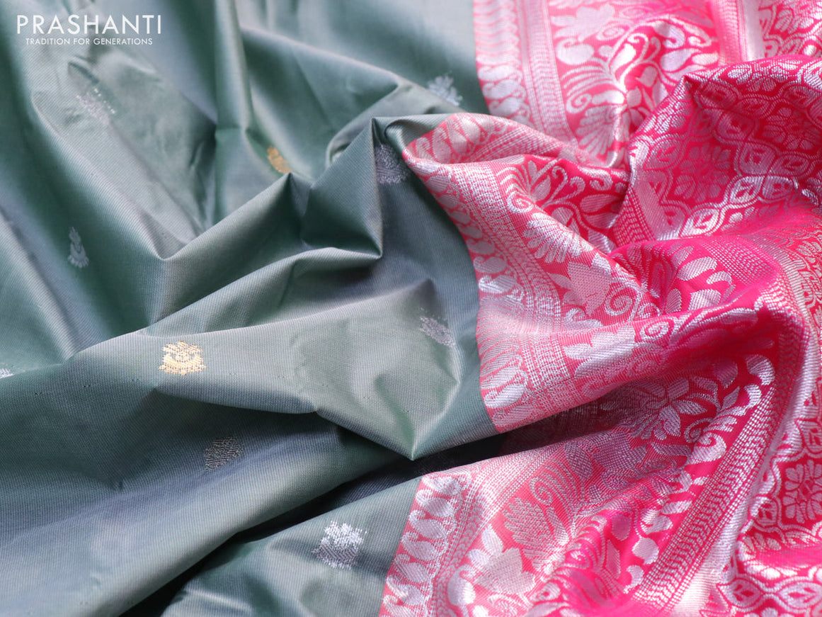 Semi gadwal saree greyish green and pink with silver & gold zari woven buttas and temple design silver zari woven border