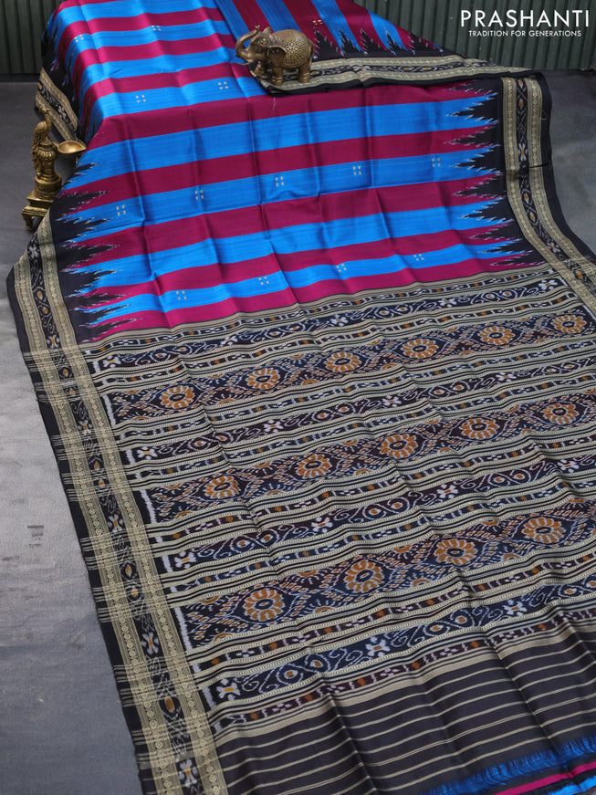 Sambalpuri silk saree dark pink cs blue and black with thread woven buttas and temple design thread woven border without blouse