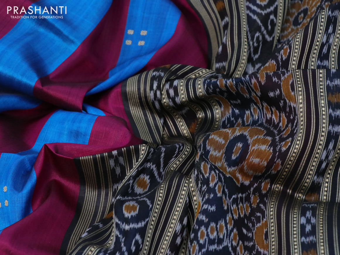 Sambalpuri silk saree dark pink cs blue and black with thread woven buttas and temple design thread woven border without blouse