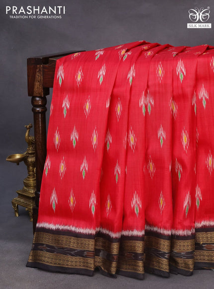 Sambalpuri silk saree red and coffee brown with allover ikat weaves and thread woven border without blouse