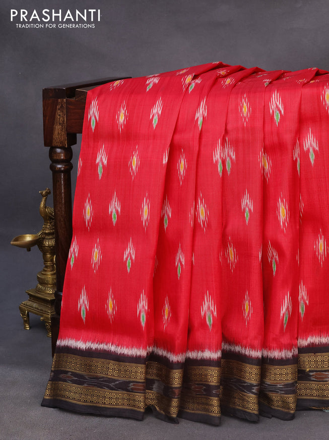 Sambalpuri silk saree red and coffee brown with allover ikat weaves and thread woven border without blouse